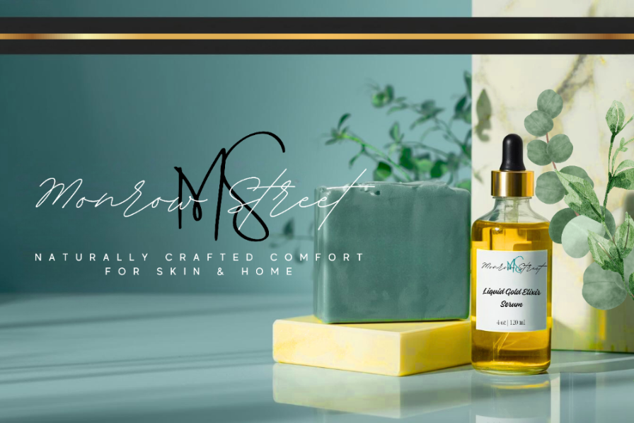 Glow Serum bottle with a plant and 'Monrow Street' branding on a reflective surface.