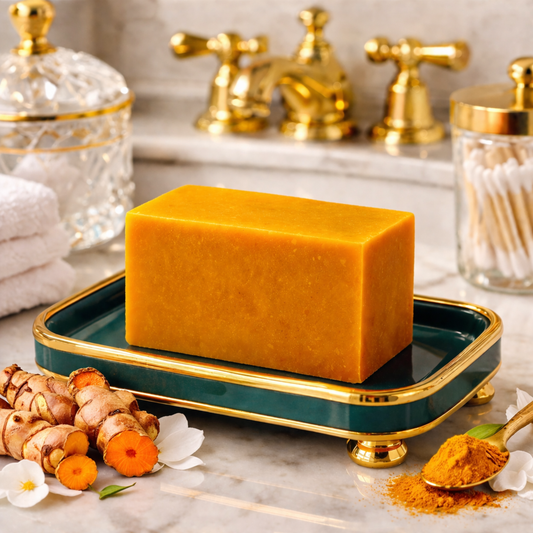 Golden turmeric soap bar on a decorative tray with fresh turmeric root and ground turmeric on a marble countertop with gold bathroom fixtures in the background.